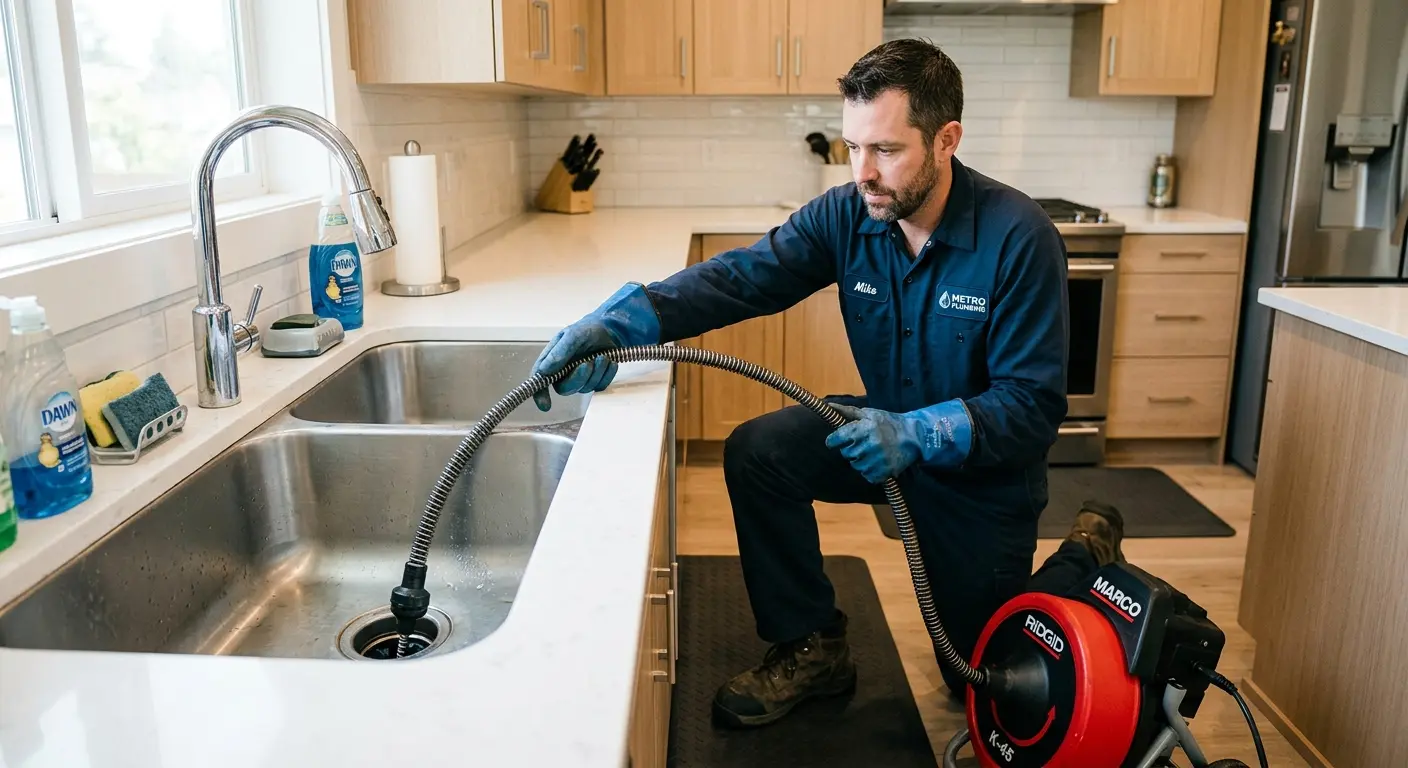 Drain cleaning technician using a motorized snake on a kitchen sink in Florence