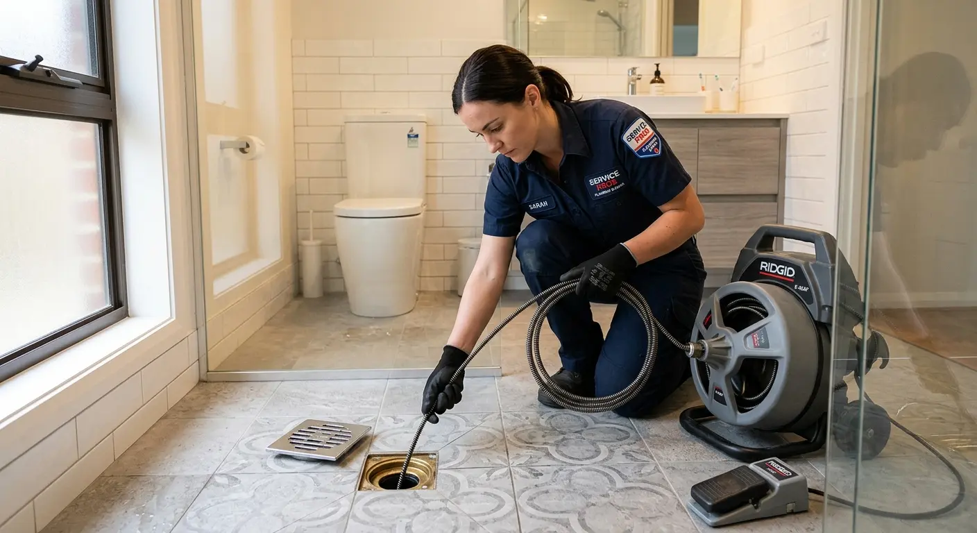Technician clearing a bathroom floor drain for Sewer Line Replacement in Florence